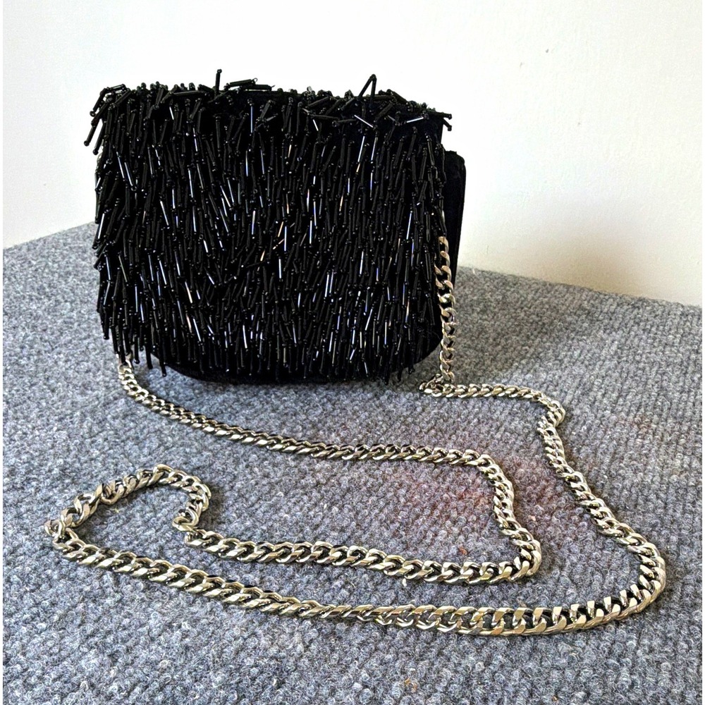 Zara Woman Black Beaded Small Crossbody Evening Bag Silver Chain Strap